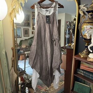 Zury 100% Cotton Boho Indie Sleeze Handkerchief Hem Layered Tunic Grey Dress